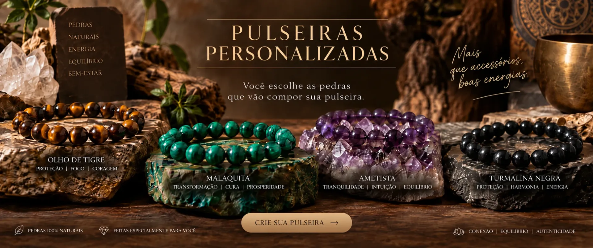 Pulseiras Personalizadas com Pedras Naturais Banner de pulseiras personalizadas com pedras de olho de tigre, malaquita, ametista e turmalina negra — escolha as pedras da sua pulseira