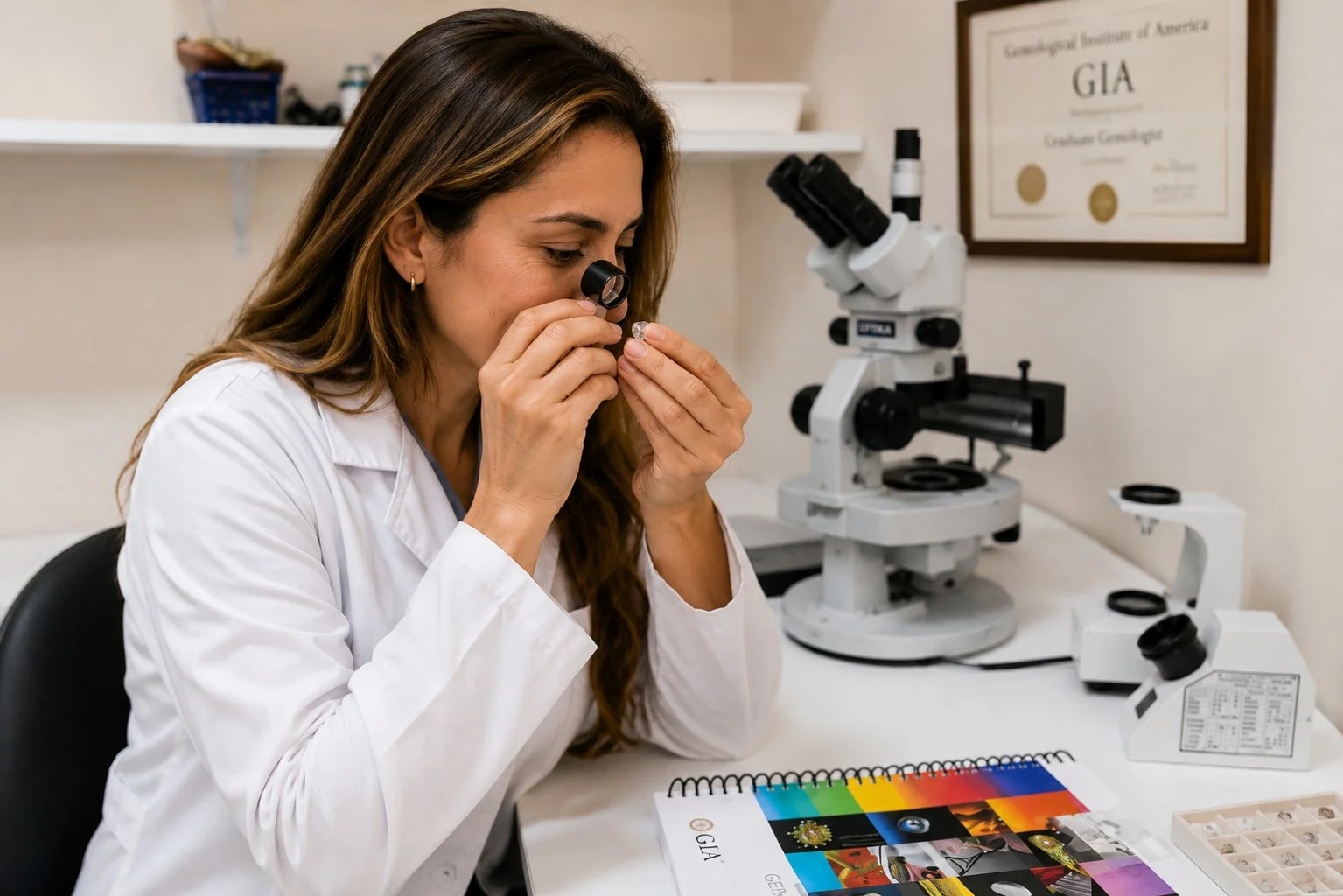 Gemóloga utilizando microscópio gemológico em laboratório próprio da Talismã de Cristal